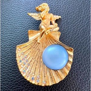 Kirks Folly Whispering Cherub Scallop Shell Aurora Borealis Pin Pendant GoldTone